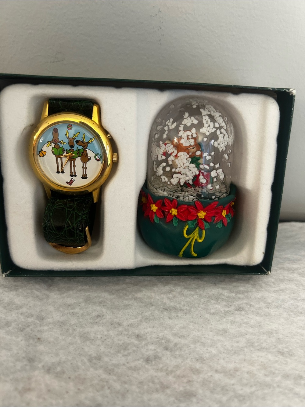 St. Nicholas Square Gold-Tone Watch with Green Strap and Holiday Snow Globe